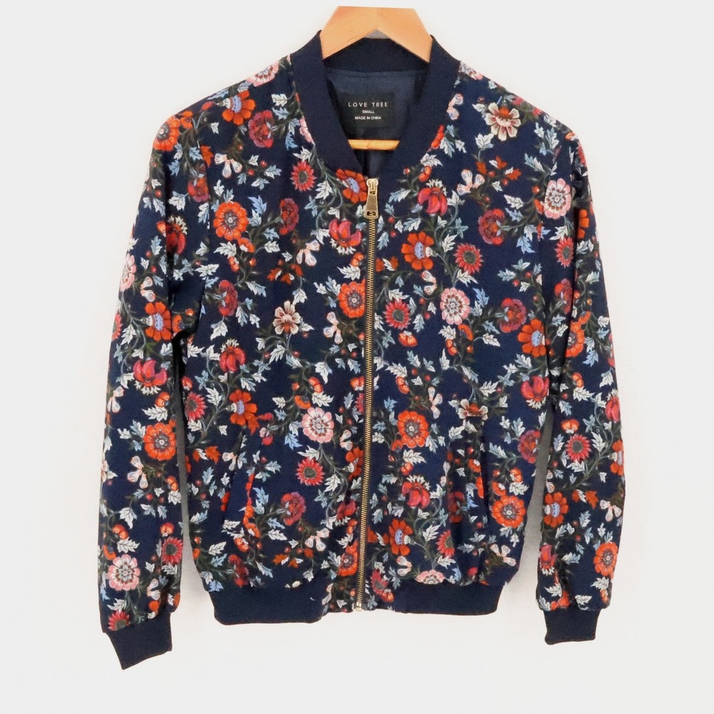 Floral Bomber Jacket Womens Size S Navy Blue Full Zip Pockets Streetwear Indie